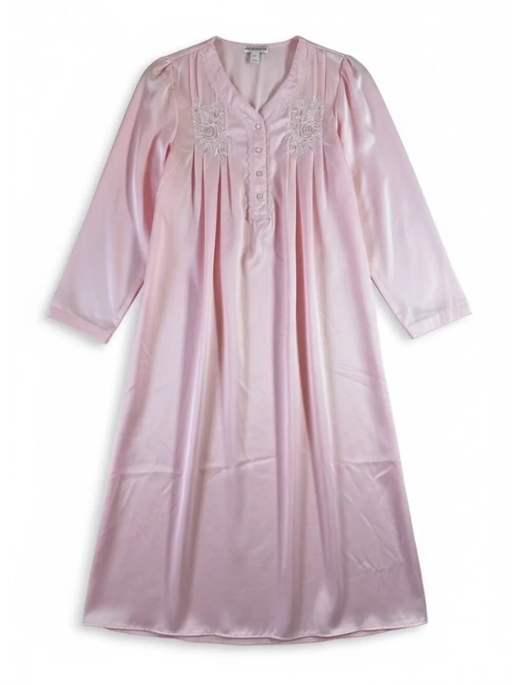 NEW Miss Elaine Pink Brushed Back Satin Nightgown Floral Embroidered Lace Trim S